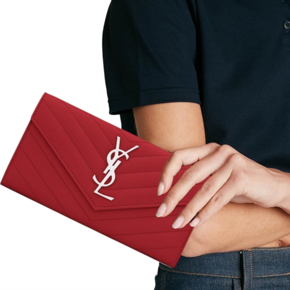 RARE & Auth YSL SAINT LAURENT Long Flap Wallet In Grain Embossed Leather in Red - Picture 2 of 15